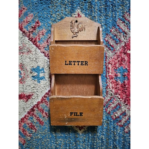 Vintage Handmade Two-Tier Wooden Mail and File Box With Copper Rooster 12" x 6" - Picture 1 of 7